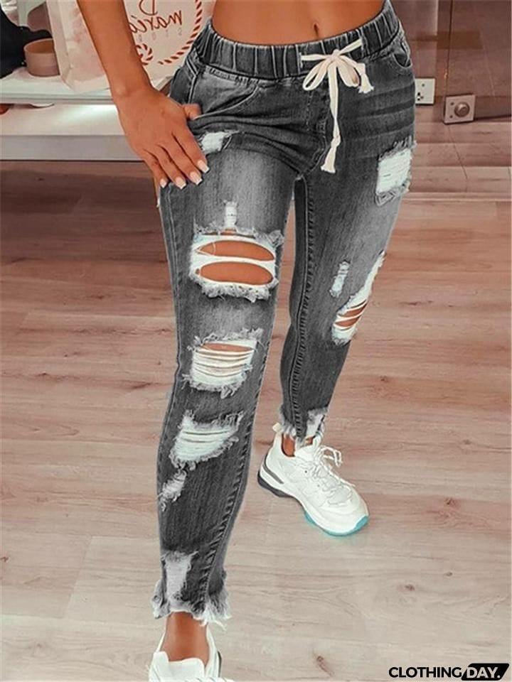 Fashion Elastic Waistband Distressed Slash Pockets Ripped Mom Jeans