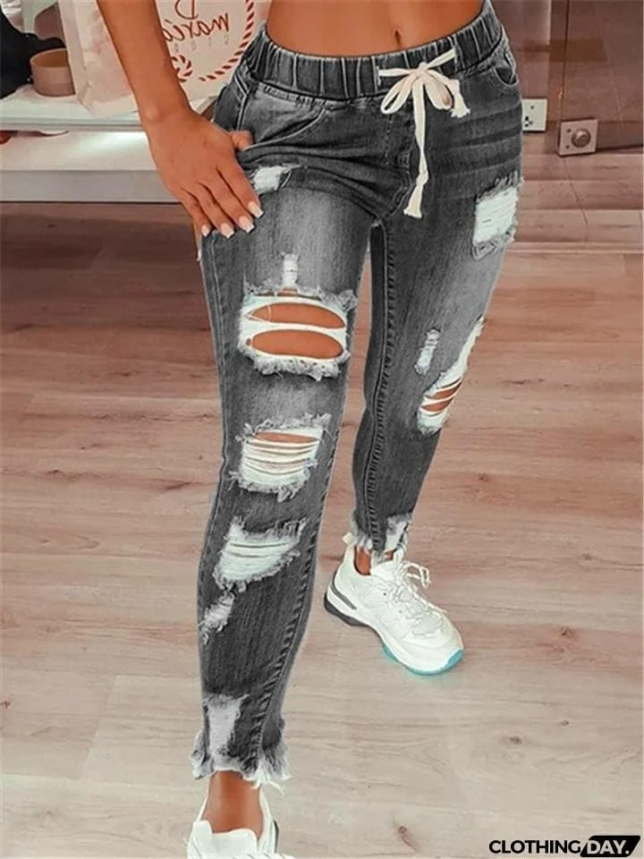 Fashion Elastic Waistband Distressed Slash Pockets Ripped Mom Jeans