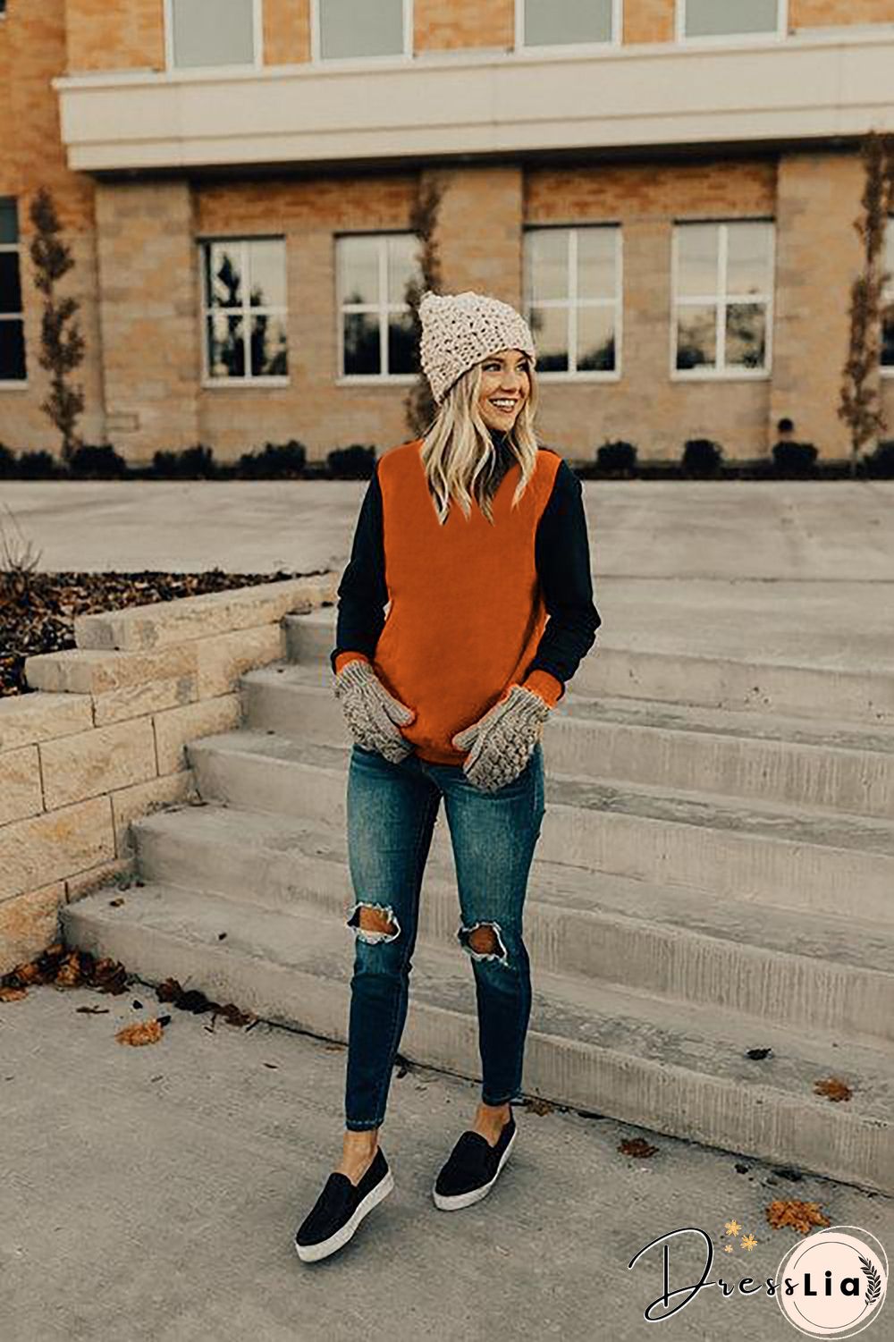 Red Long Sleeve Round Neck Stitching Top