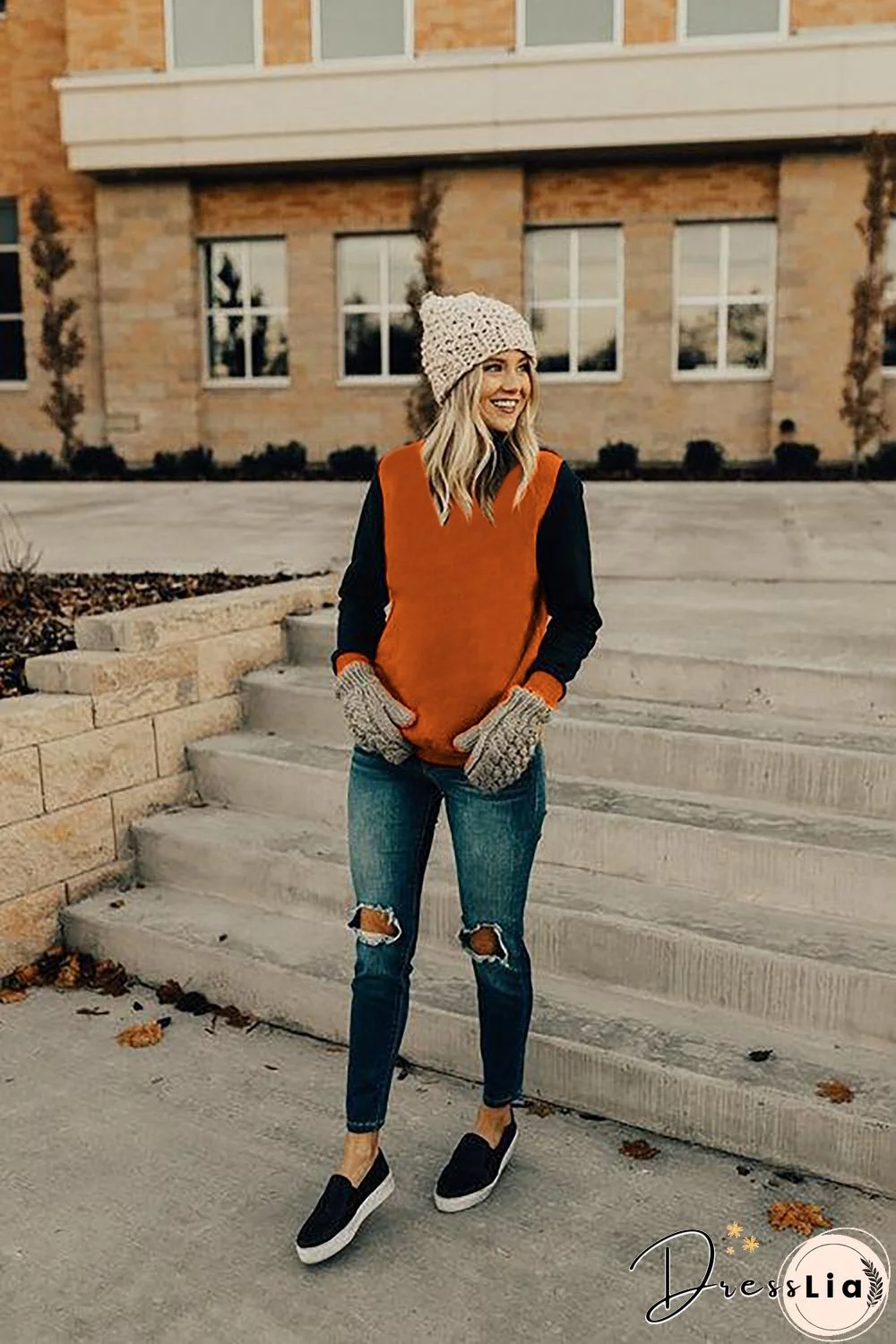 Red Long Sleeve Round Neck Stitching Top