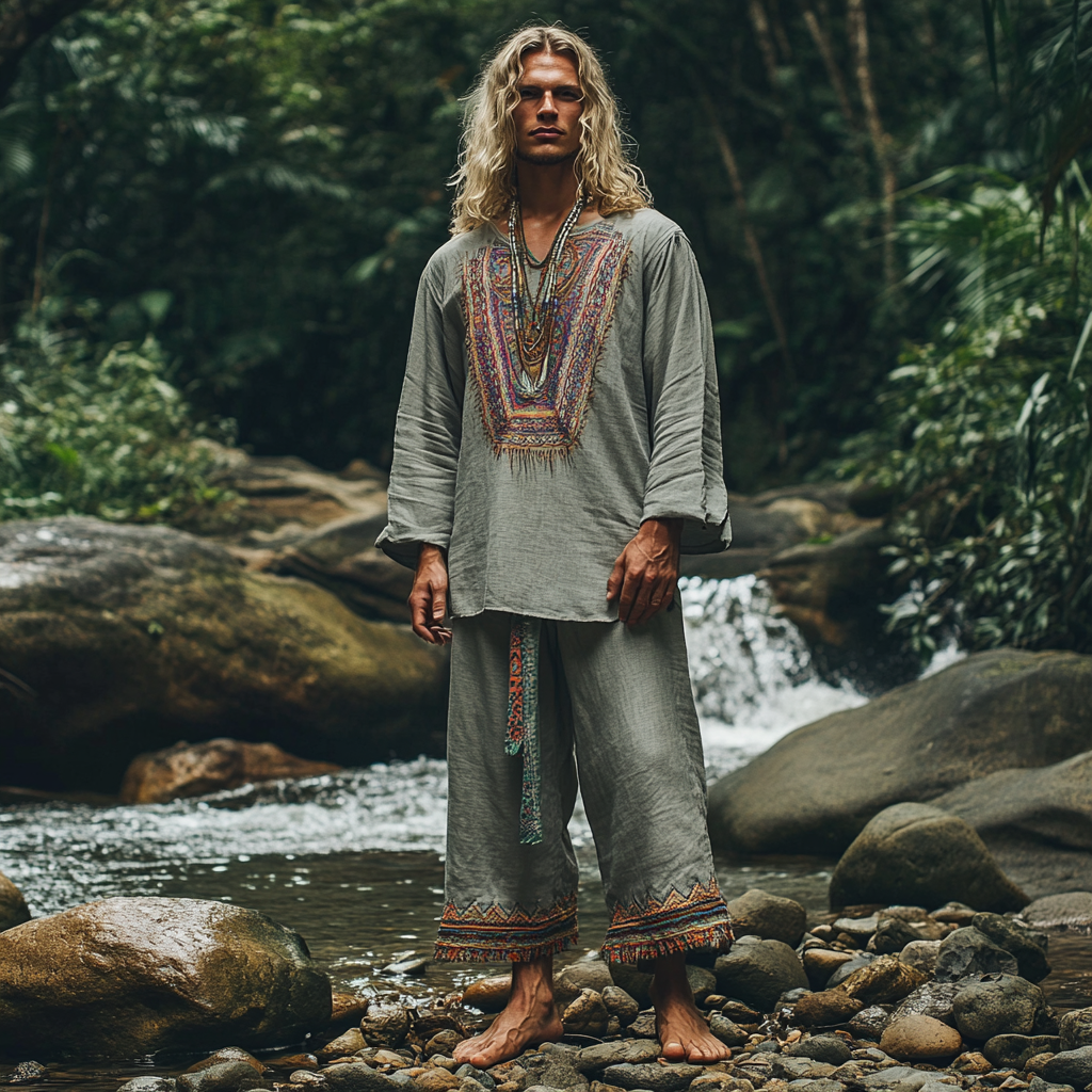 Men's Bohemian Holiday Style Vintage Ethnic Totem Printed Cotton And Linen Casual Tops-inspireuse