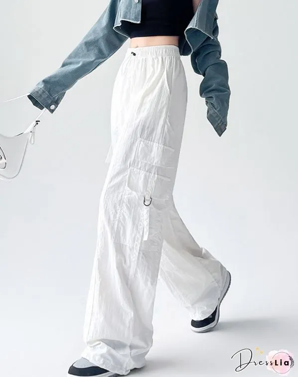 Retro Harajuku Pockets Cargo Pants Women Summer Loose High Waist Straight Trousers Korean