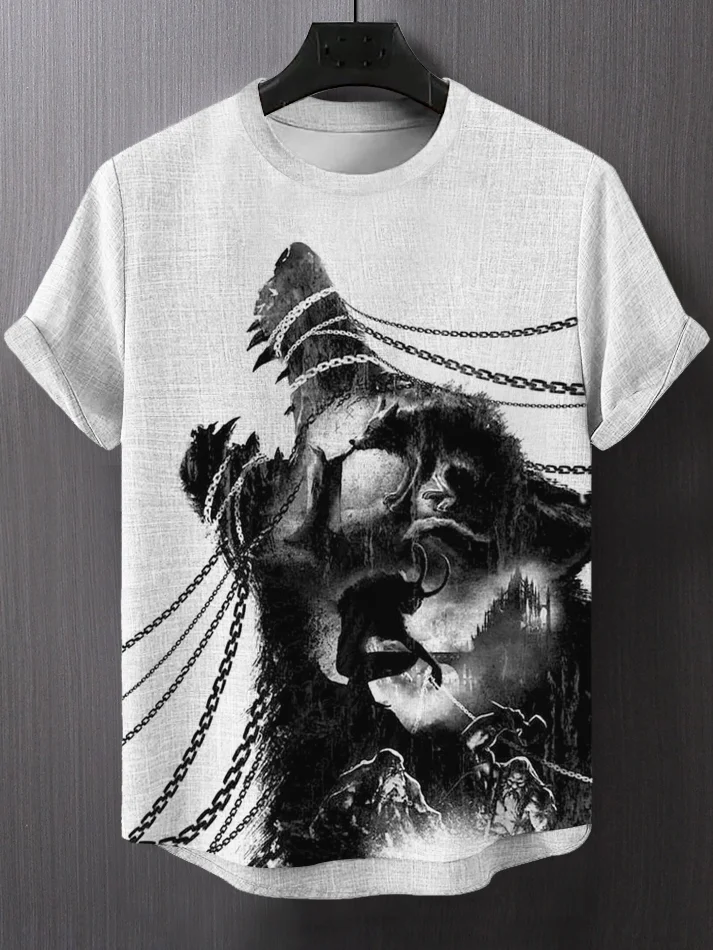 Men's Viking Warrior and Wolf Art Print Casual T-Shirt