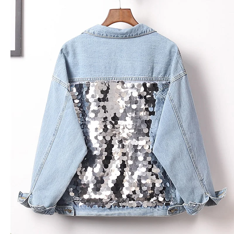 Zoki Plus Size Women Denim Jacket Fashion Sequins Autumn Jean Coat Casual Loose Cotton Long Sleeve Singe Breasted Outwear 2021