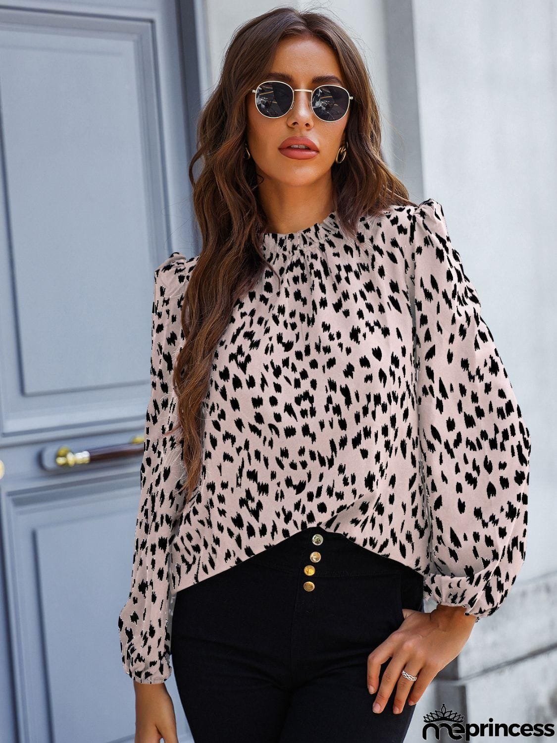 Printed Mock Neck Puff Sleeve Blouse