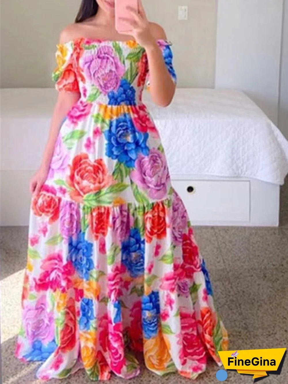 Women Sleeveless Off-shoulder Floral Printed Dress