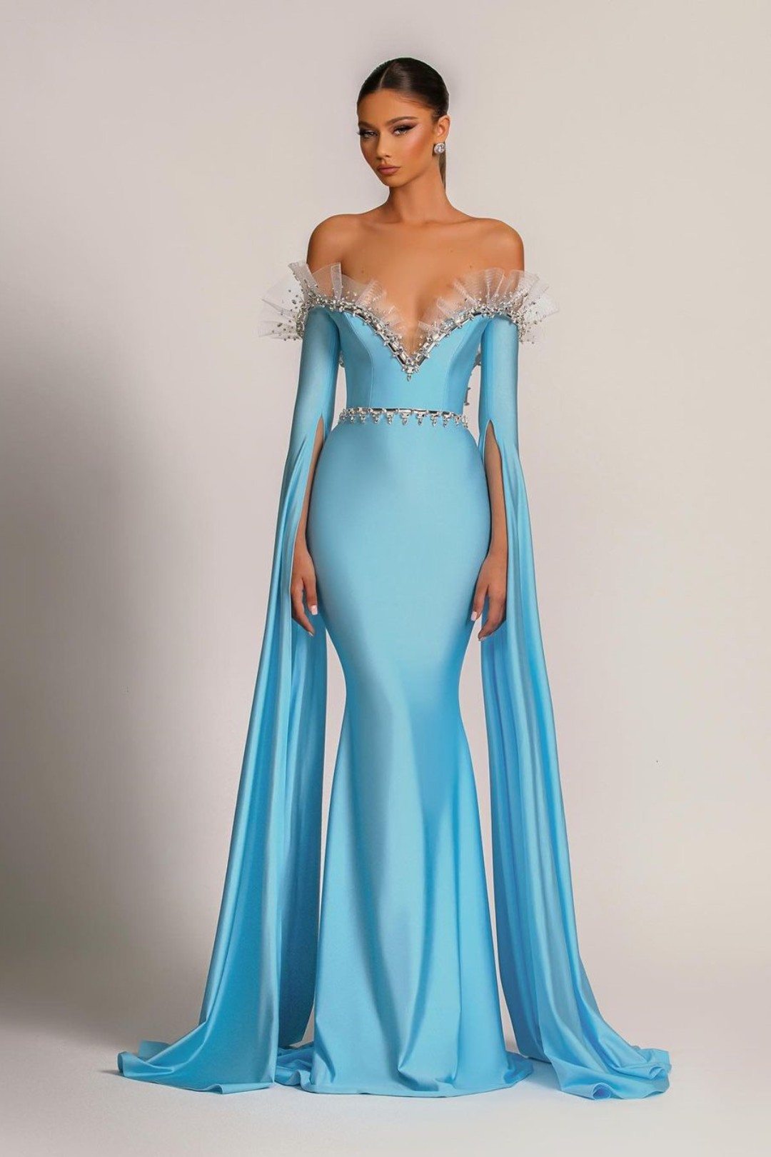 Baby Blue Evening Dress V-Neck With Long Sleeves Tulle Beadings YL0149