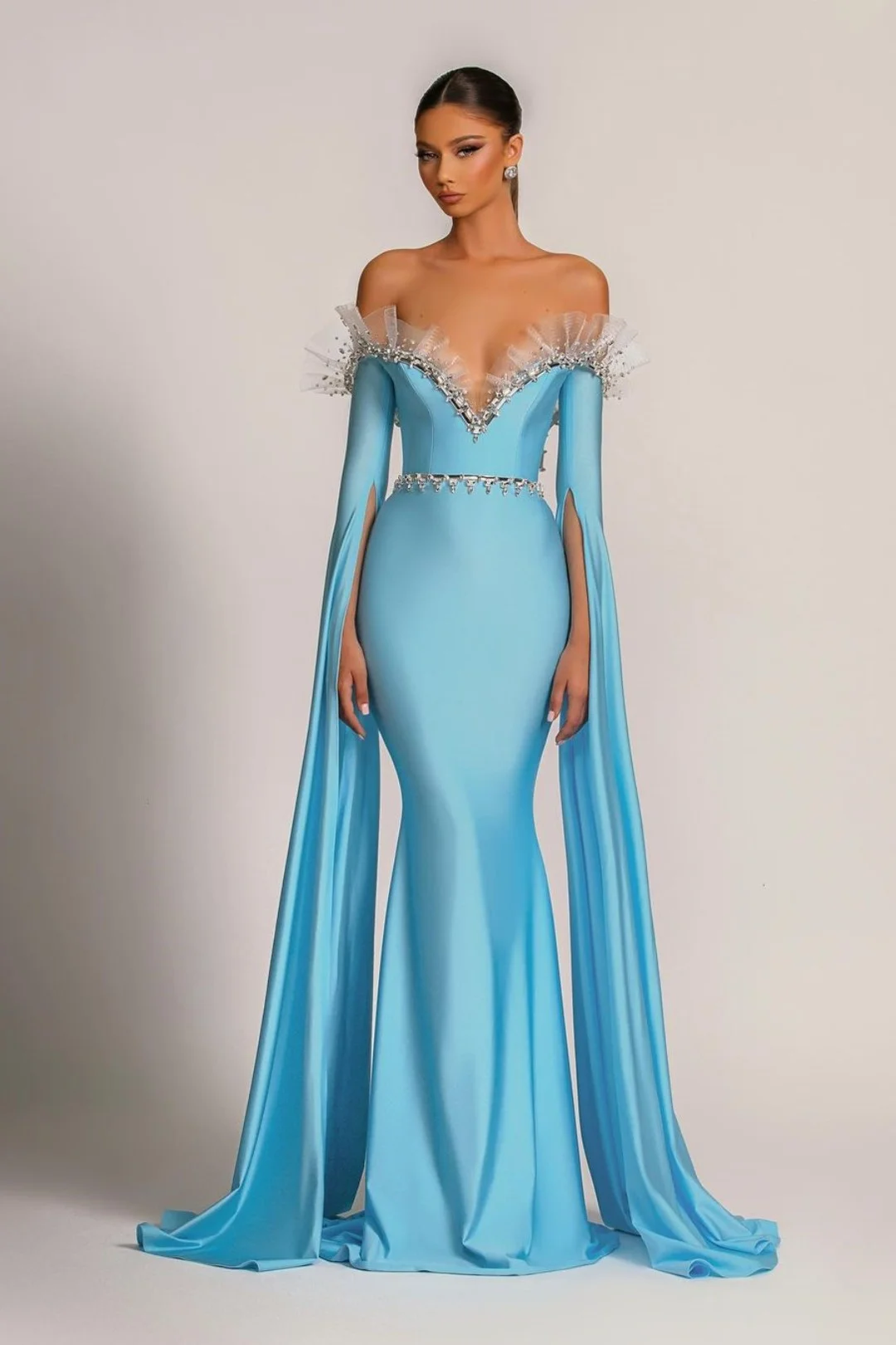 Baby Blue Evening Dress V Neck With Long Sleeves Tulle Beadings YL0149