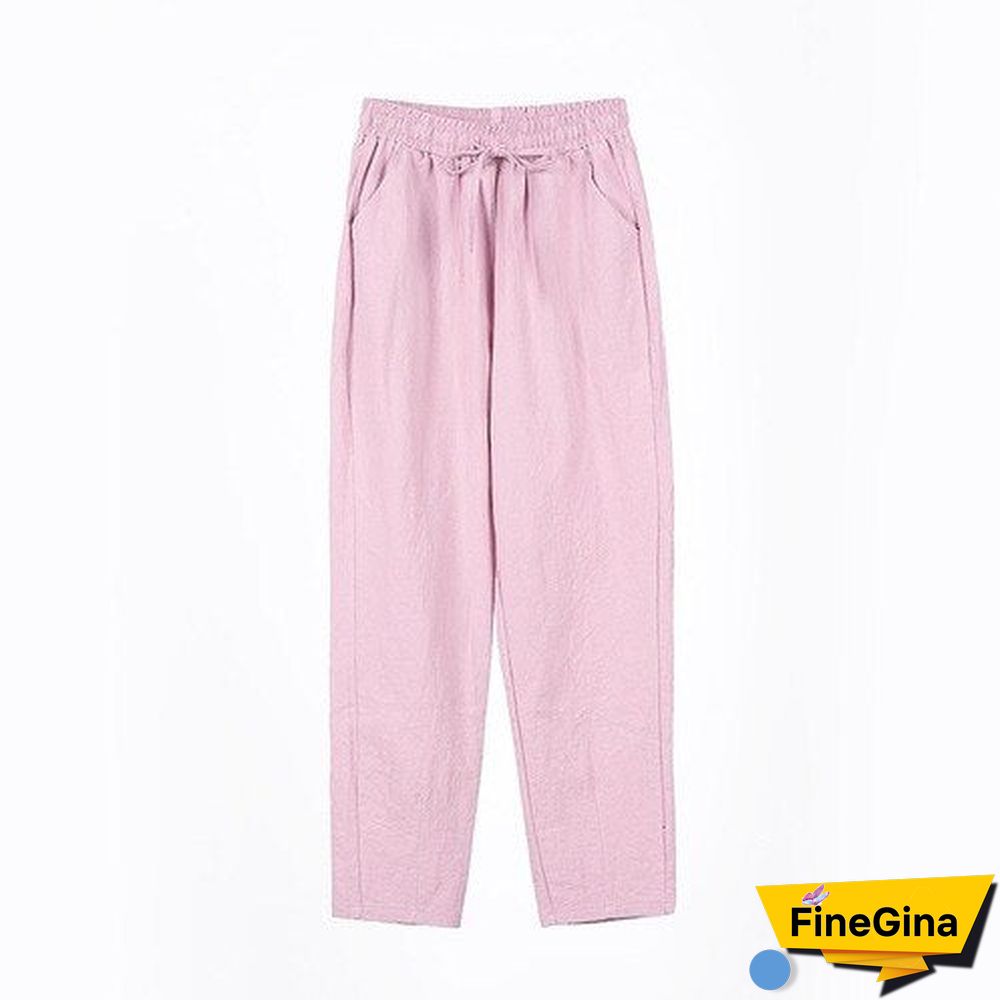 Woman Summer Harem Pants Vintage Candy Colors Cotton Linen Wide Leg Pants Solid Elastic Waist Ankle-length Capris Trousers