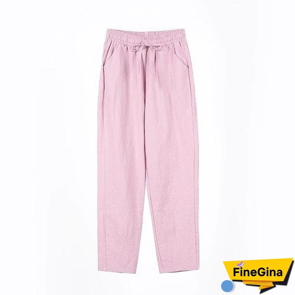 Woman Summer Harem Pants Vintage Candy Colors Cotton Linen Wide Leg Pants Solid Elastic Waist Ankle-length Capris Trousers