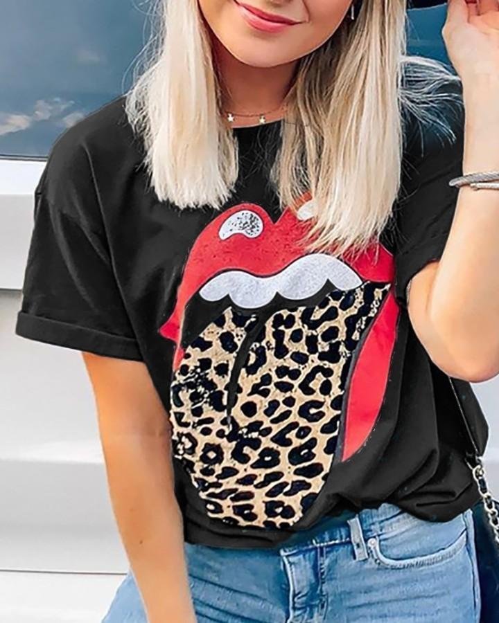 Lip Leopard Print Short Sleeve T-shirt P13275