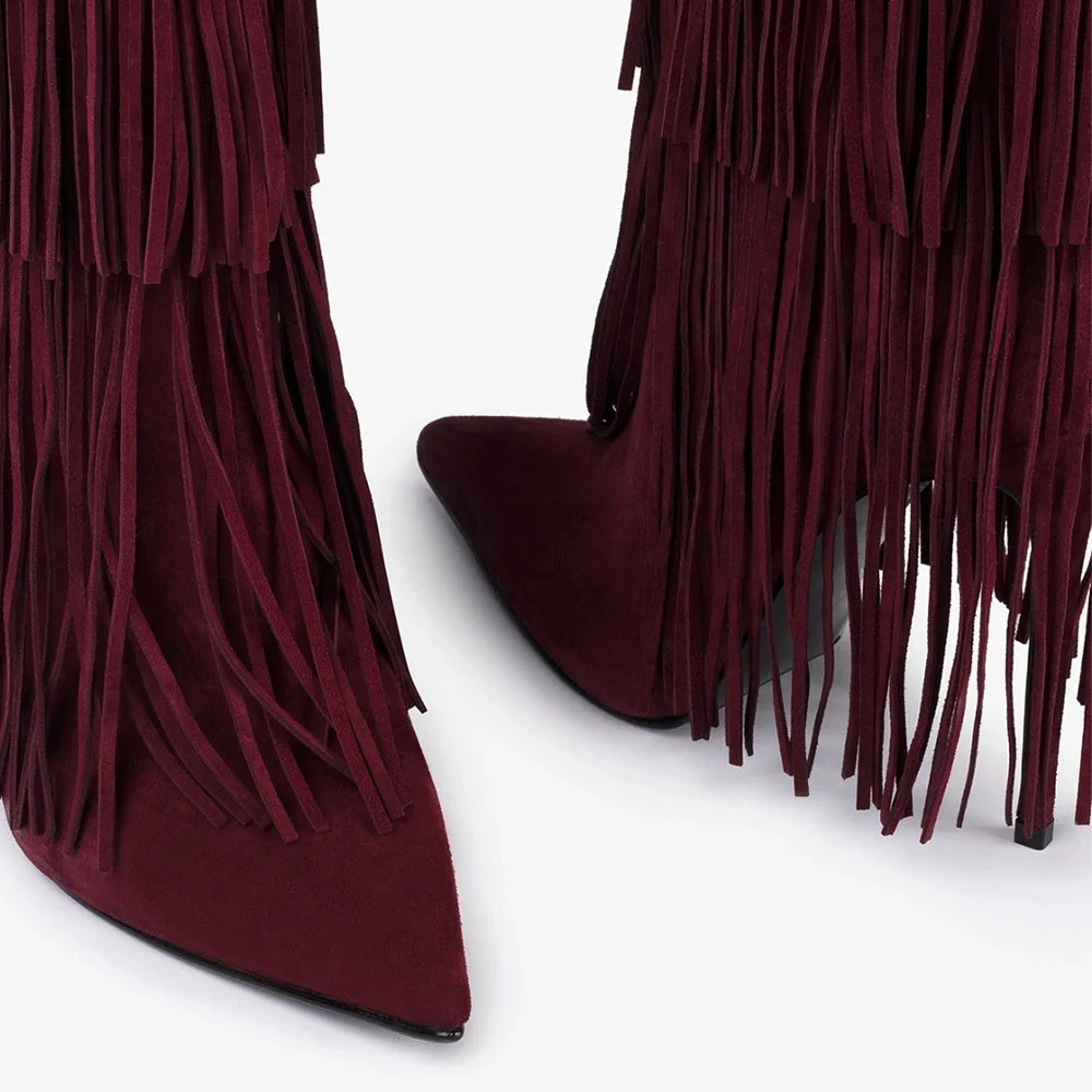 Women's Maroon Pointed Toe Slip On Heeled Mid Calf Boots with Fringe