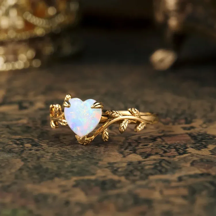 S925 Matching Mother & Daughter Heart Leaf Opal Ring