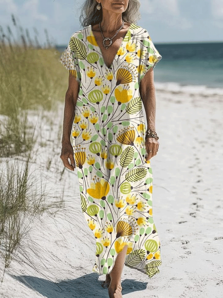 Women's Flowers Art Print Pocket Cotton Dress