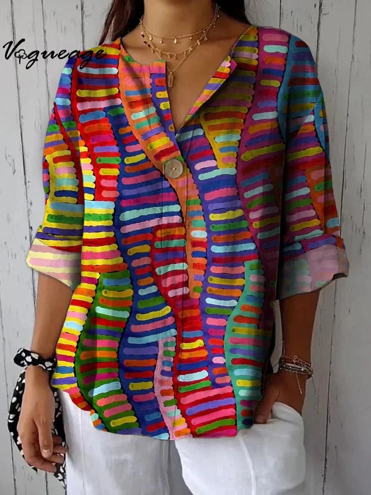 Fashion Design Colorful Line Stitching Printed Cotton And Linen Shirt