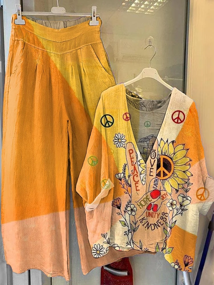 Women's Peace-loving Hippy Scissorhands Pattern Art Print V-Neck Top Wide Leg Pants Cotton Linen Suit