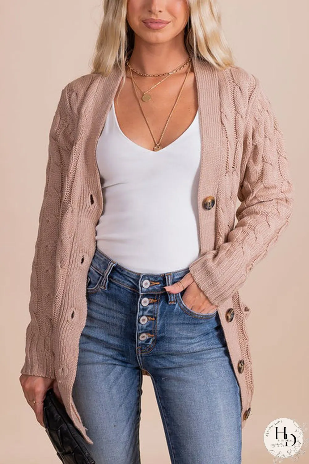 Button Cable Knit Cardigan