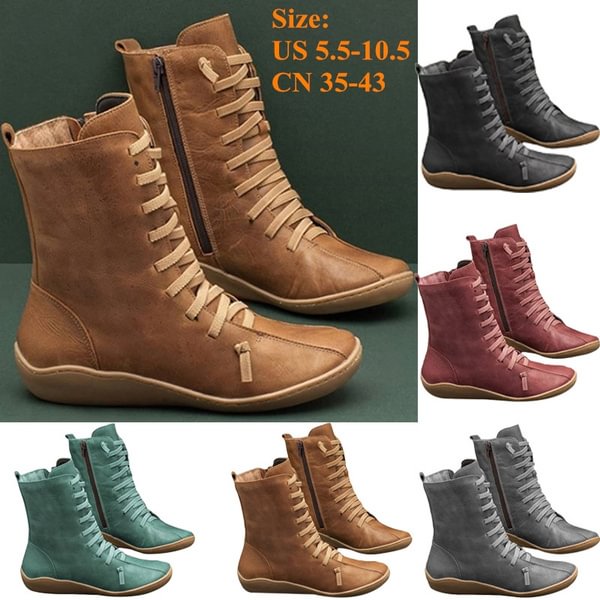 Women Soft Autumn Winter PU Leather Boots Flat Heel Braided Strap Boot High Top Boots Slip on Shoes Plus Size