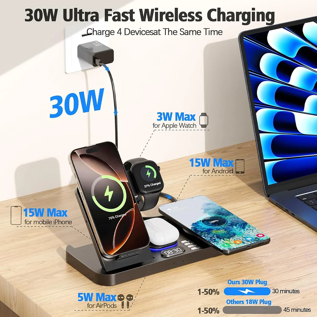 6 in 1 wireless charger, wireless charger with clock and 7 colors night light