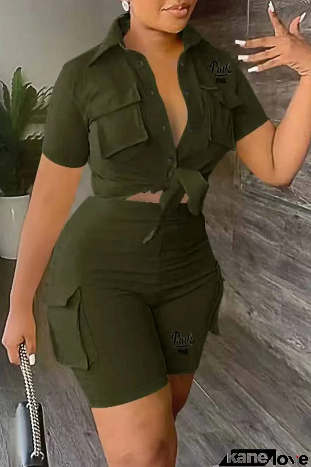Army Green Casual Print Letter Turndown Collar Short Sleeve Two Pieces