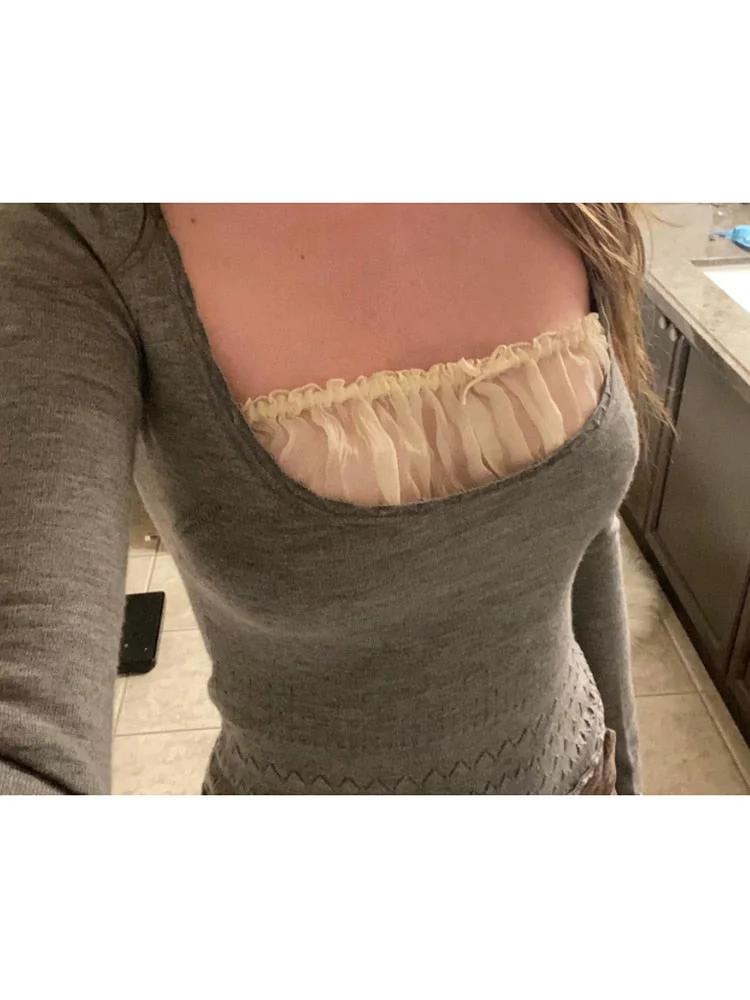 Rapcopter Y2K Grey Sweaters Frill Bow Sweet Cute Pullovers Patched Full Sleeve Harajuku Knitted Jumpers Women Prepply Chic Tops