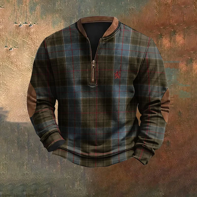 Vintage Scotland Lion Embroidered Plaid Zip Sweatshirt