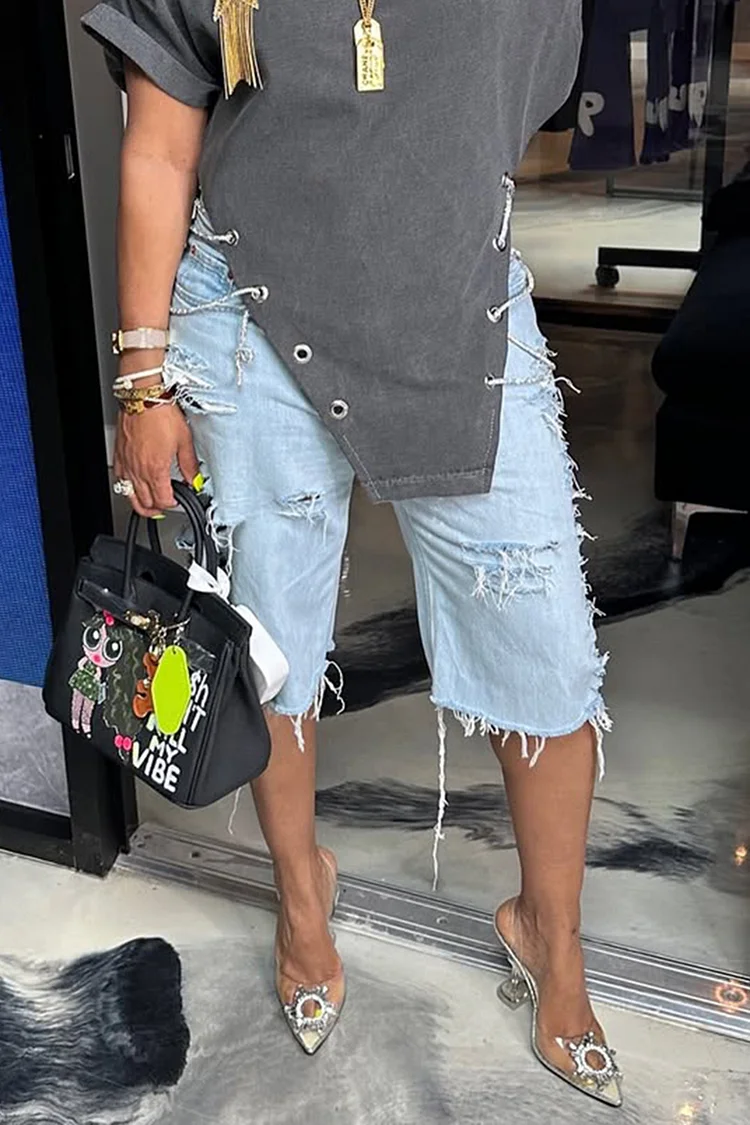 Plus Size Daily Blue Casual Distressed Denim Jeans [Pre-Order]