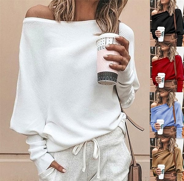 Women's Fashion Off Shoulder Long Sleeve Sweater Casual Long Sleeved Sweatshirt Tops - Shop Trendy Women's Fashion | TeeYours