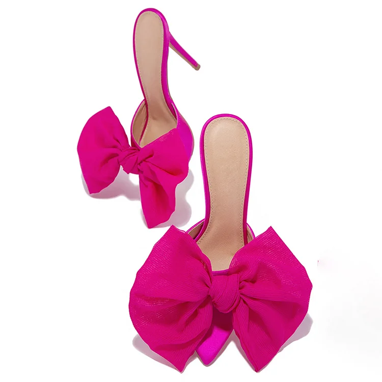 Fuchsia Bow Stiletto Shoes Women's Elegant Pointed Toe Mule Heels |FSJ Shoes