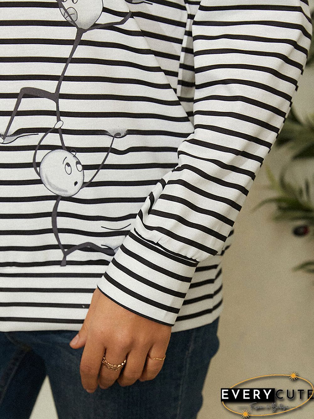 Striped Cartton Print O-neck Long Sleeve Casual T-shirt For Women