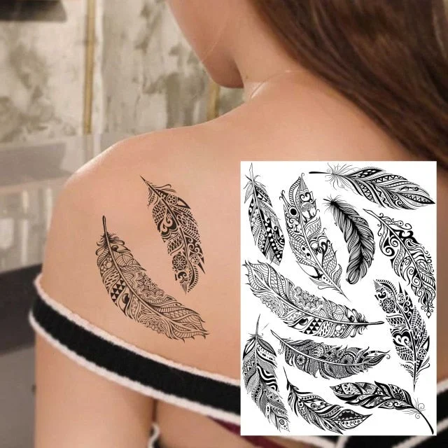 REJASKI Black Henna Lace Temporary Tattoos Sticker For WOmen Butterfly Moth Mehndi Flower Fake Tatoo Sticker Feather Flora Tatoo