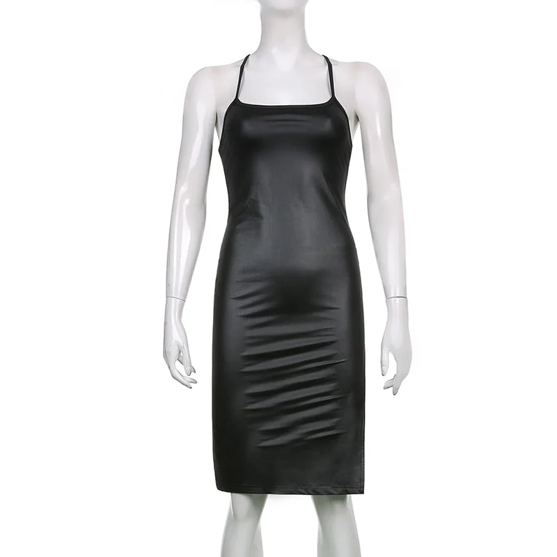 hirigin PU Leather Black Party Sexy Dresses For Women 2021 Halter Backless Bandage Bodycon Dress Ladies Club Slit Midi Dress