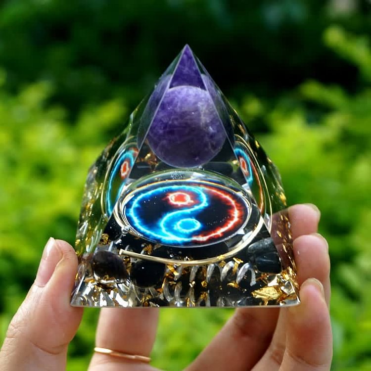 YinYang Amethyst Sphere With Obsidian Orgone Pyramid