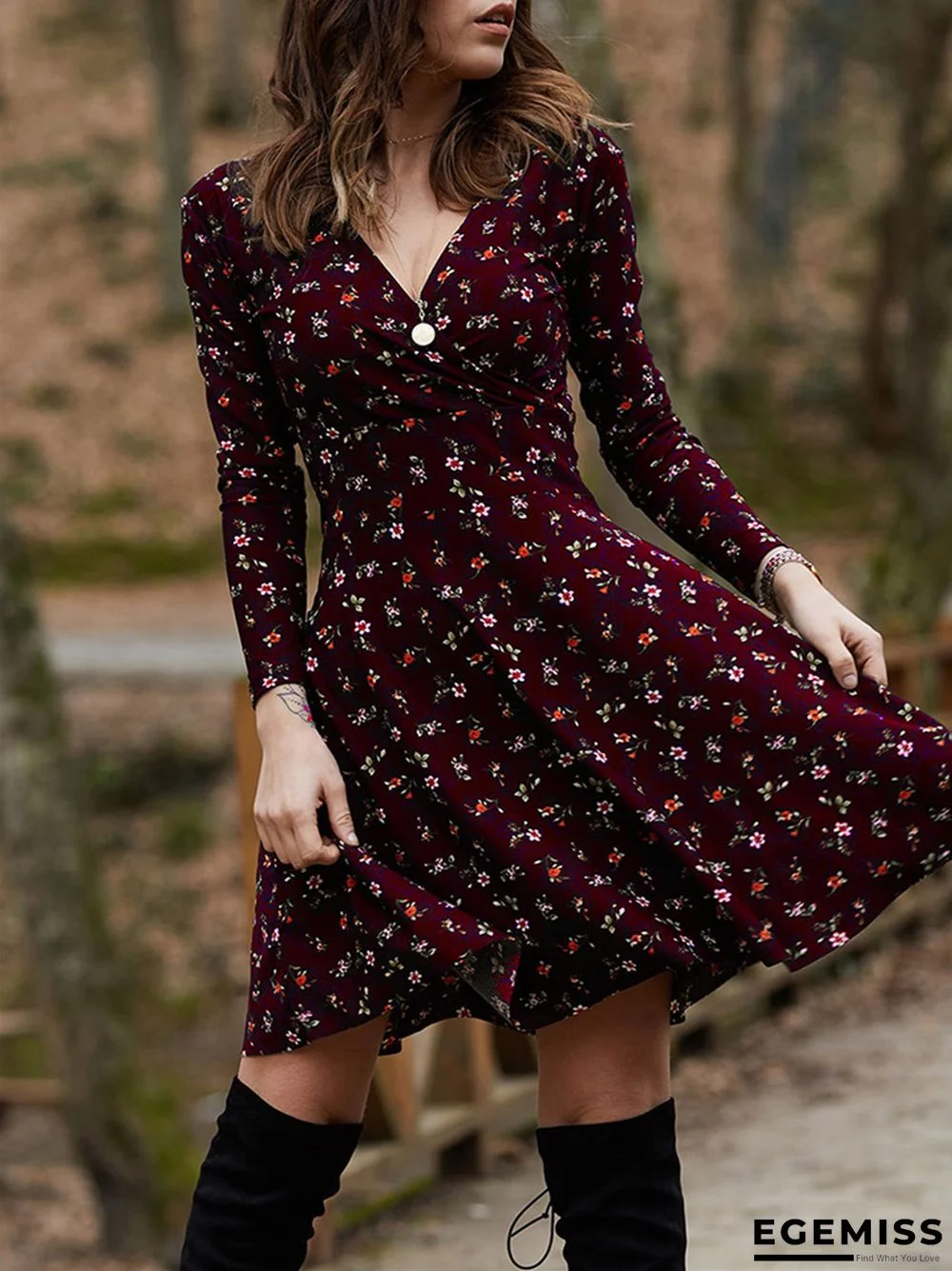 Dress Floral Long Sleeve V-neck Dress Big Swing Dress | EGEMISS