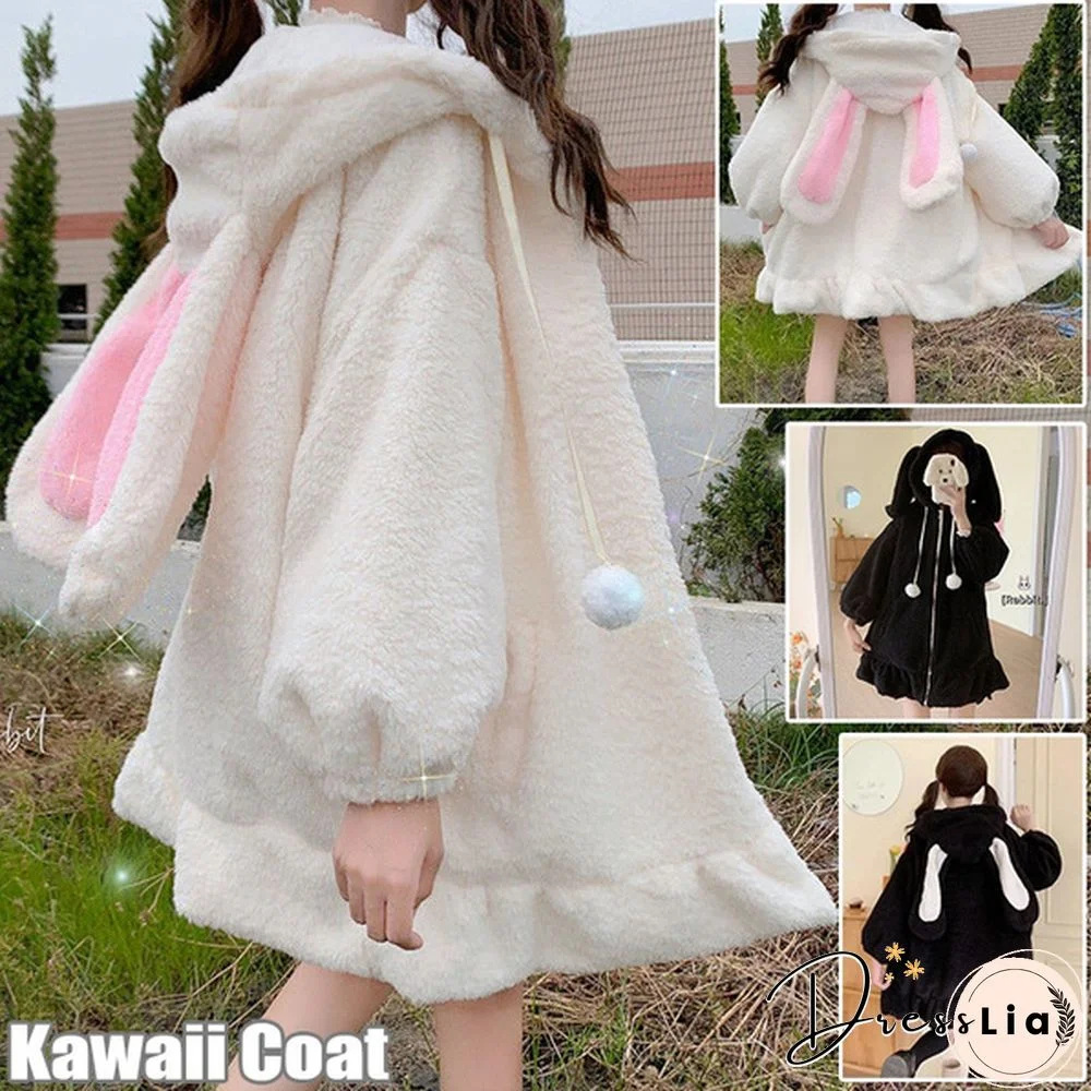 New Women Kawaii Zipper Hooded Coat Rabbit Ears Cute Sweet Girls Harajuku Style Warm Jacket