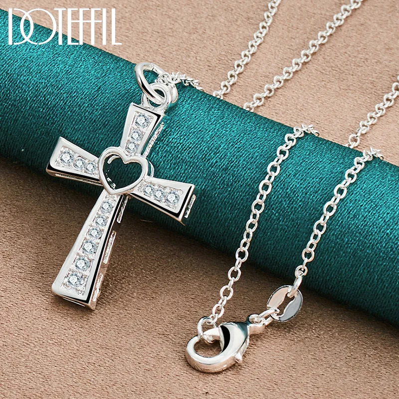 DOTEFFIL 925 Sterling Silver 18-30 Inch Chain Cross AAA Zircon Heart Necklace For Woman Jewelry