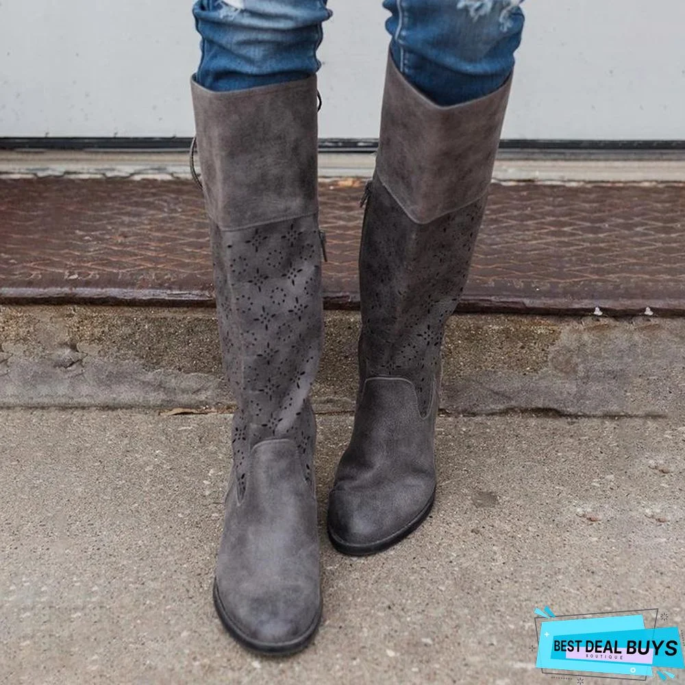 PLUS SIZE VINTAGE LEATHER ZIPPER KNEE BOOTS