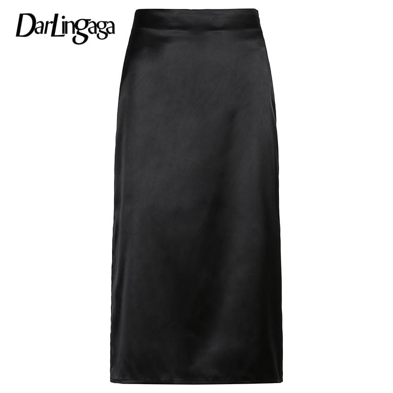 Darlingaga Vintage Brown High Waist Skirt Female Harajuku Satin Long Skirt Side Split Ladies Summer Skirts Gothic Clothes