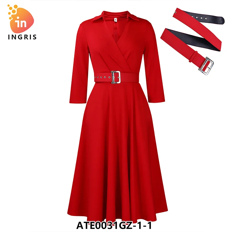 In Stock Spring Lapel Solid Color High-Waisted Elegant Plus-Size Dress-ATE0031GZ