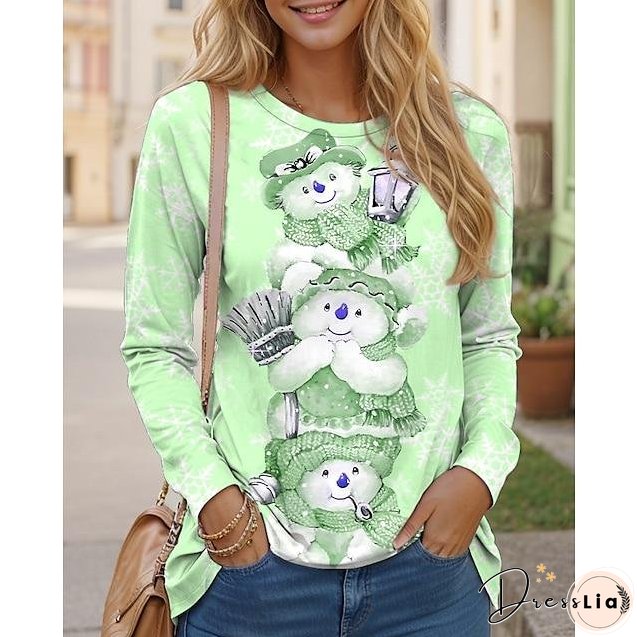 Women's Pink Vintage Snowman Print Round Neck Long Sleeve Top