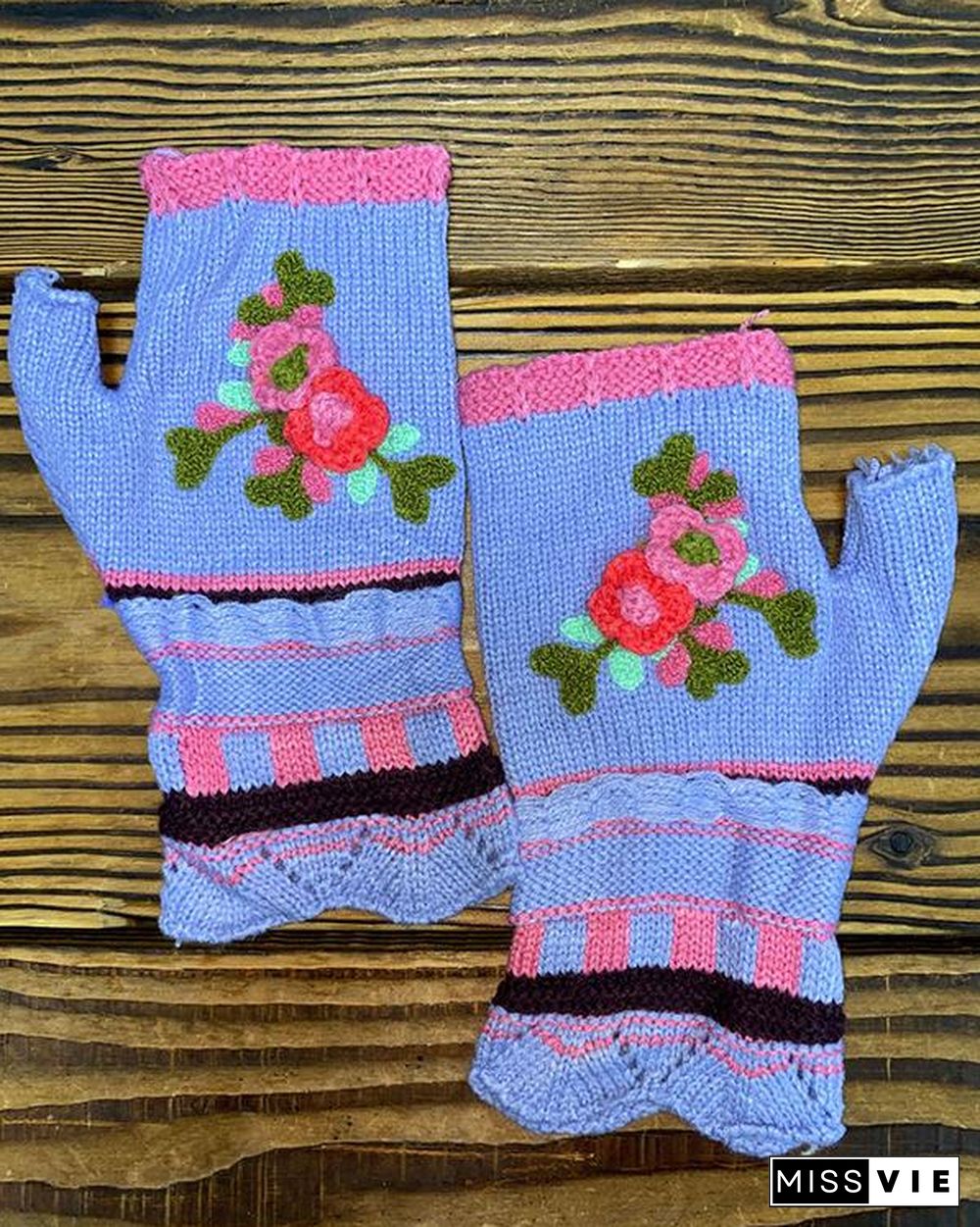 Casual Flower Decor Knitted Gloves Handwarmers