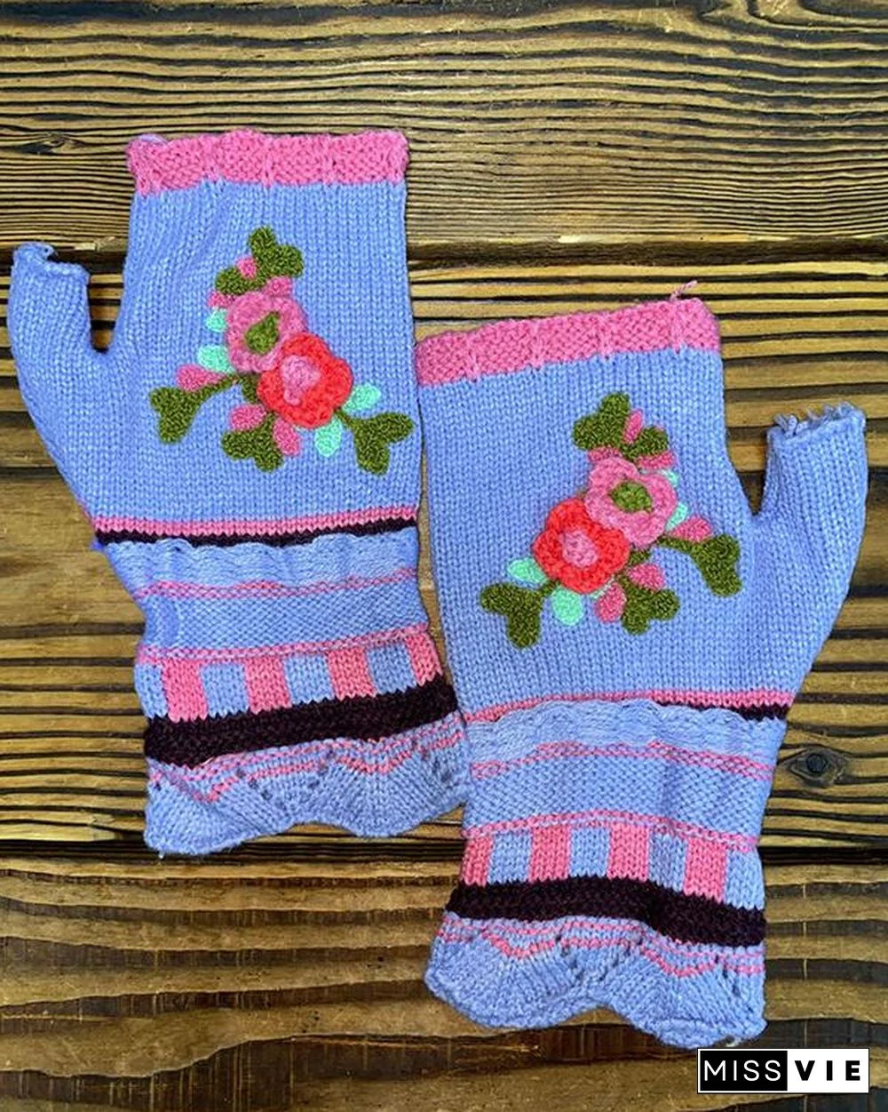 Casual Flower Decor Knitted Gloves Handwarmers