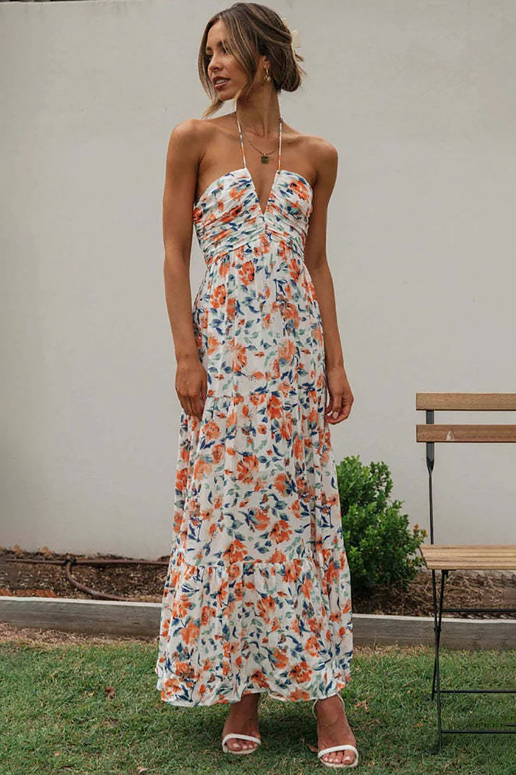 V Neck Halter Floral Print Ruffle Hem Vacation Maxi Dress