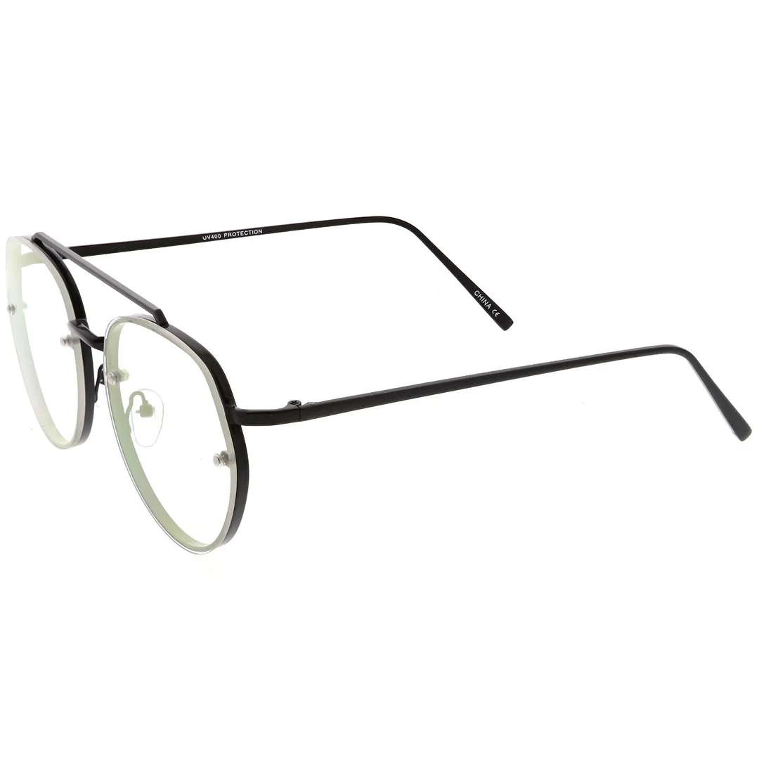 Modern Round Aviator Eyeglasses Slim Brow Bar Rimless Clear Flat Lens  59mm