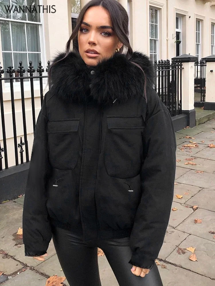 WannaThis Fur Neck Women Cotton Coat Thick Warm Hooded Long Sleeve Jacket Streetwear Daily Wear Pockets Button Outwear Parkas