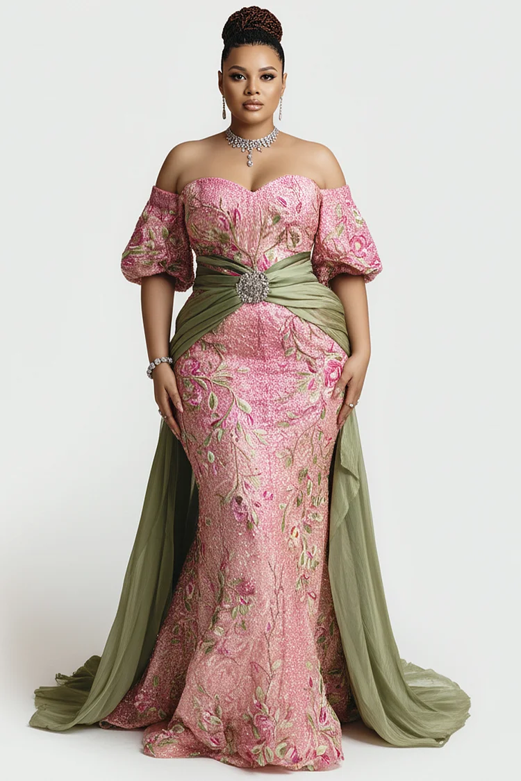 Xpluswear Design Plus Size Formal Organza Pink Floral Off The Shoulder Short Sleeve With&nbsp;Skirt&nbsp;Overlay Satin Maxi Dresses [Pre-Order] 2024 - Xpluswear