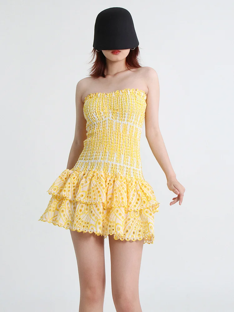Slim Embroidered Cake-layer Tube Mini Dress
