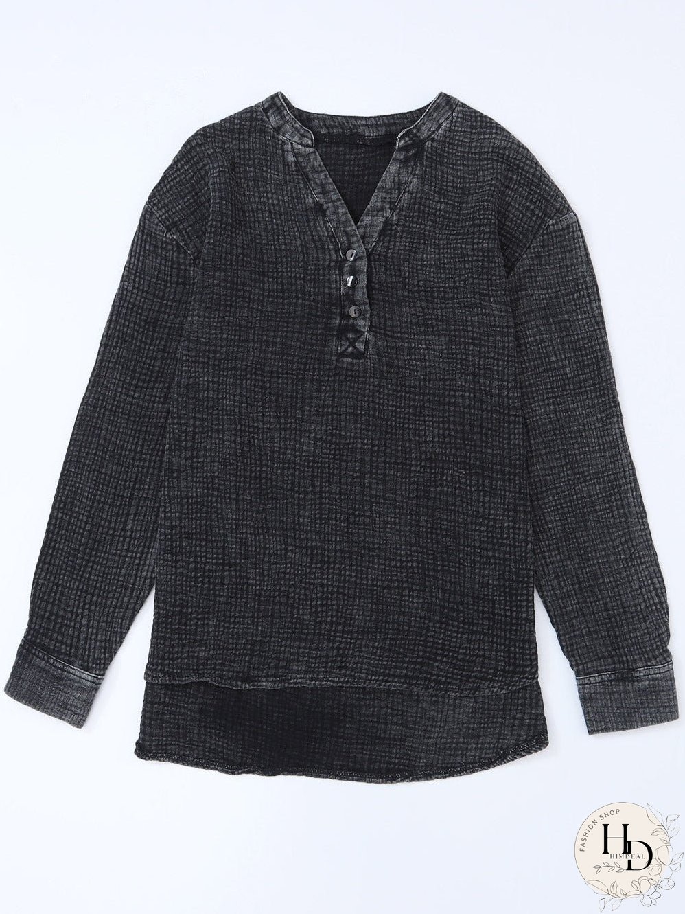 Crinkled Black Loose-fit V-Neck Henley Top