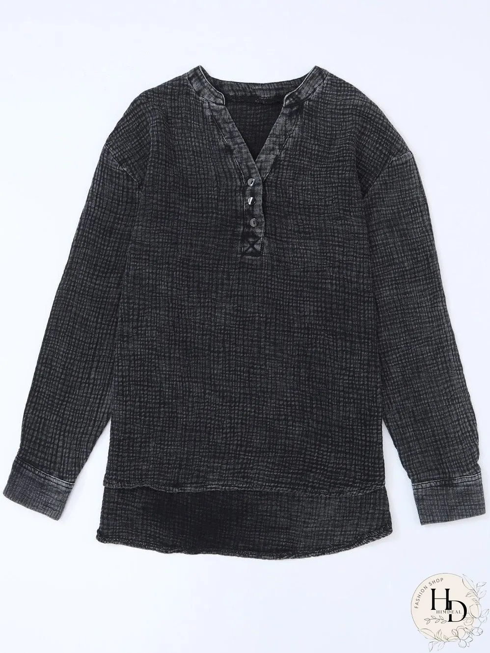 Crinkled Black Loose-fit V-Neck Henley Top