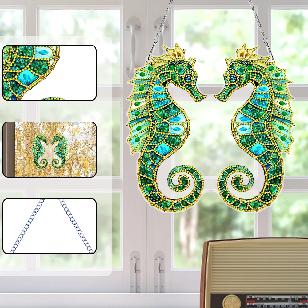 2D Flat Seahorse DIY Diamond Art Pendant Window Hanging Art for Home Wall Decor